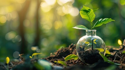 Young plant growing inside clear glass bulb on soil with sunlight filtering through foliage