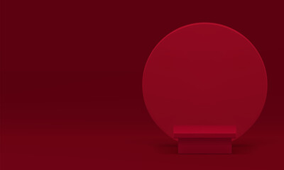 Red 3d squared podium with round wall background for promo realistic vector illustration