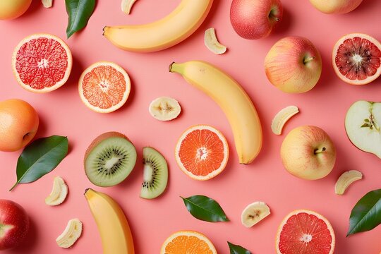 `Fruit pattern on pastel red background, top view. Pattern with apple, banana and other fruits on pink backdrop. Flat lay of fresh healthy food. Close up`