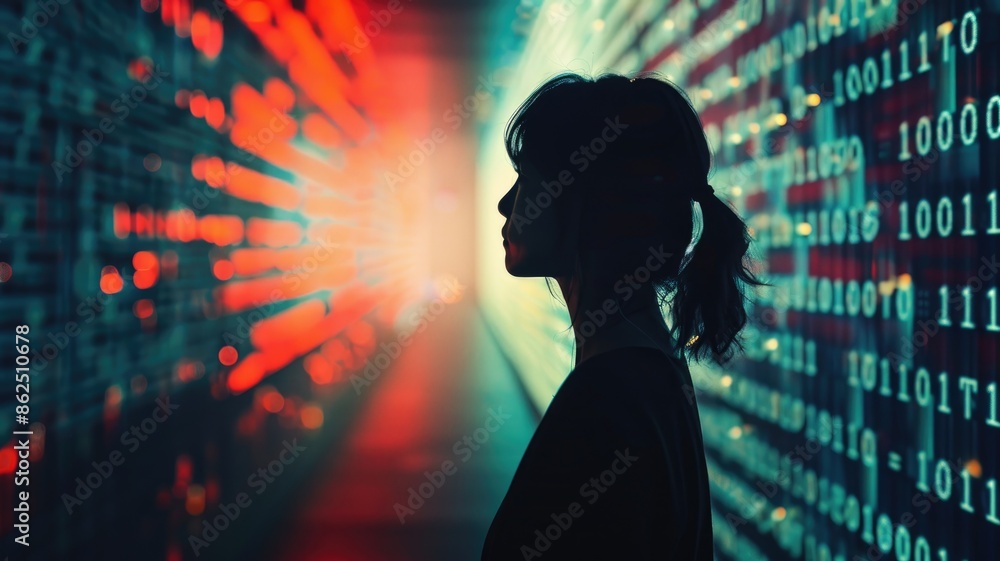 Aufkleber silhouette of woman against futuristic digital background with binary code