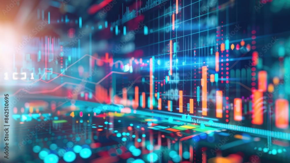 Poster digital interface with glowing financial charts and data analysis