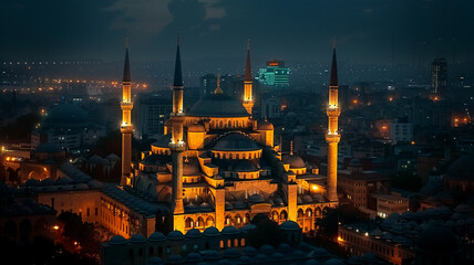 Illuminated minarets rise at famous Blue Mosque, AI Generative.