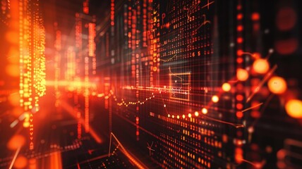 Fototapeta premium Abstract technology concept with glowing, digital data lines and 3D grid on dark background