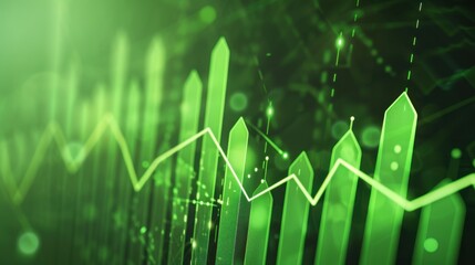 Abstract Green Financial Growth Chart with Rising Bar Graph and Line Graph on Digital Background