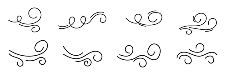 Wind doodle line shape set air wind flow spiral curve hand drawn doodle element cartoon speed wave. Vector illustration on white background in eps 10.