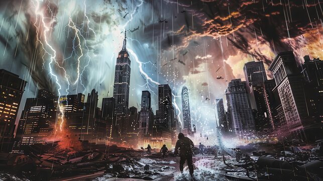 Dramatic Post-Apocalyptic Cityscape with Lightning and Stormy Skies Over a Ruined Urban Landscape
