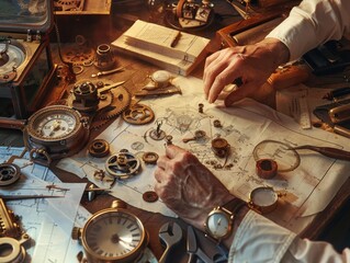 Vintage Watchmaker's Workshop with Tools, Gears, and Blueprints in Warm Light