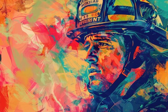 Portrait of firefighter or fireman in abstract mixed grunge colors vector art style. Colorful pop art digital painting