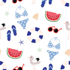 Summer seamless pattern with seasonal elements, seagull, swimsuit and beach accessories
