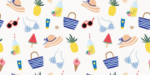 Summer seamless pattern with beach accessories, seasonal wallpaper
