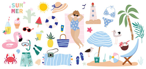 Summer elements collection with seasonal design, beach accessories isolated on white background, vector