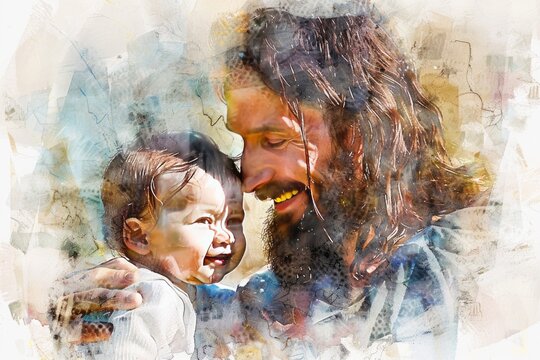  Portrait of Jesus Christ holding a baby, smiling. Digital watercolor painting