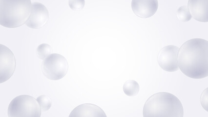 Abstract background with blurred white 3D bubbles or balls or spheres with realistic reflections. Horizontal banner with copy space. Elegant monochrome vector template, modern design.