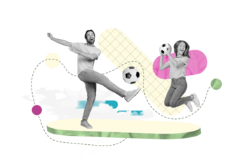 Photo portrait template collage illustration picture of two people have fun play soccer goalkeeper football isolated on green background