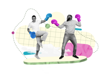 Photo poster collage metaphor of young two competitors fighters boxing gloves fighting together sport isolated on green color background