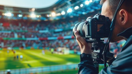 Professional Press Officer, Sports Photographers with Camera Zoom Lens Shooting Football Championship Match on Stadium