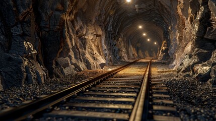 Naklejka premium Railroad track inside an illuminated rocky tunnel