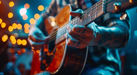 Close Up of a Musician Playing Acoustic Guitar at Night