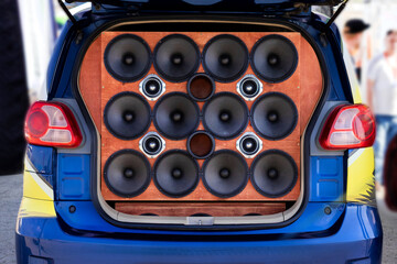 Audio system in the car. Powerful audio speakers are installed in the trunk of the car.