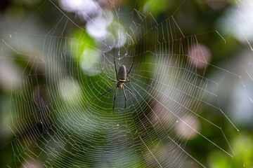 A large female Golden orb-web spider (Nephila pilipes) on its web. In the forest of Fraser's Hill, Malaysia. Blurred green forest background. 