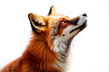 Fototapeta premium Side view of a Red fox looking up, two years old, isolated on white