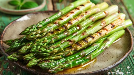 Fresh Grilled Asparagus on Rustic Plate in Natural Light