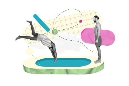 Collage picture artwork summertime resort jumping diving guys topless wear swimwear swimming pool isolated on green color background