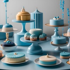 Blue minimalist catering with minimalist sweets, cakes, chocolates, muffins and dessert.