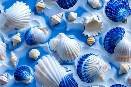 A blue and white shell pattern on a white background.