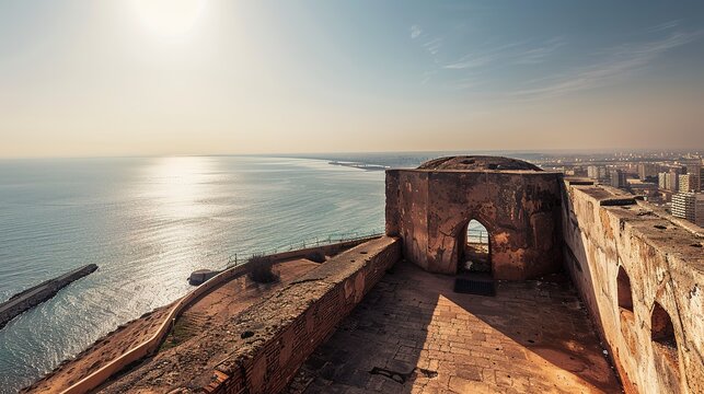 Back View Eye-Level Angle of Fort Santa Cruz in Oran, Algeria with Dramatic Backlighting: Capturing the City and Sea under Clear Skies with High Contrast