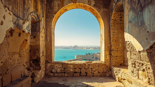 Back View Eye-Level Angle of Fort Santa Cruz in Oran, Algeria with Dramatic Backlighting: Capturing the City and Sea under Clear Skies with High Contrast