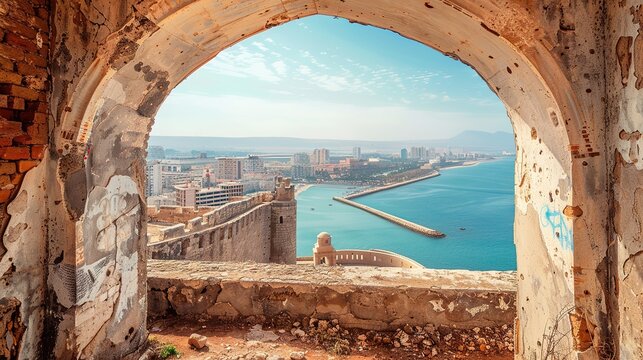 Back View Eye-Level Angle of Fort Santa Cruz in Oran, Algeria with Dramatic Backlighting: Capturing the City and Sea under Clear Skies with High Contrast