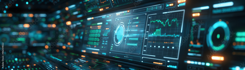Poster sleek interface with glowing data graphs and charts in blue and green colors.