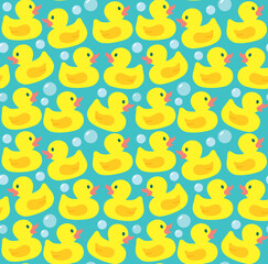 Seamless pattern with cute rubber ducks and soap bubbles. Vector flat colorful backdrop.	