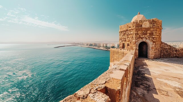 Back View Eye-Level Angle of Fort Santa Cruz in Oran, Algeria with Dramatic Backlighting: Capturing the City and Sea under Clear Skies with High Contrast