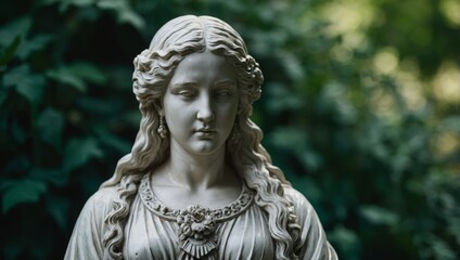 Fototapeta premium bust statue of a woman with long hair in the garden