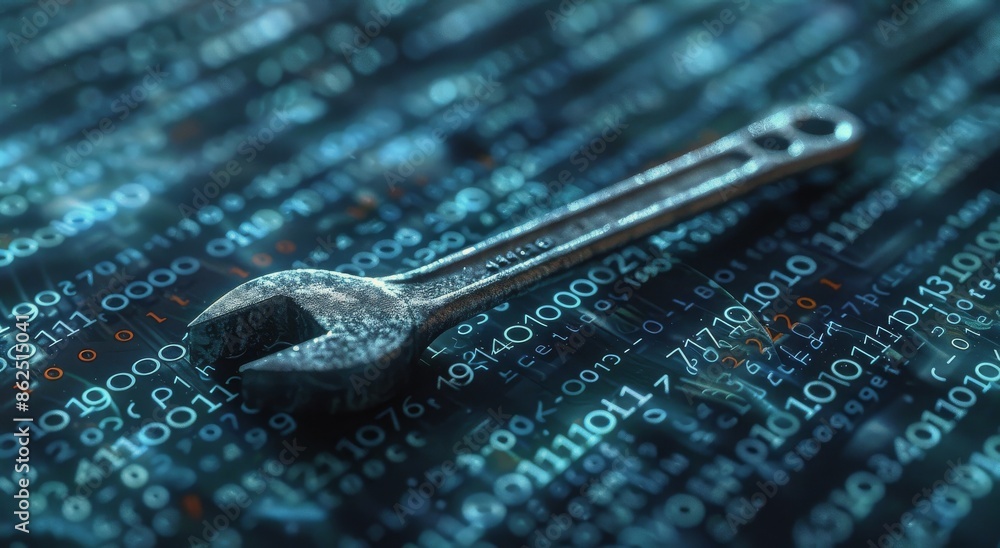 Poster silver wrench on digital binary code background