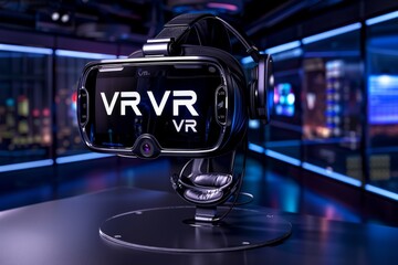 Obraz premium Close up of a futuristic VR headset with glowing letters, representing advanced virtual reality technology and modern digital innovation in a high tech design