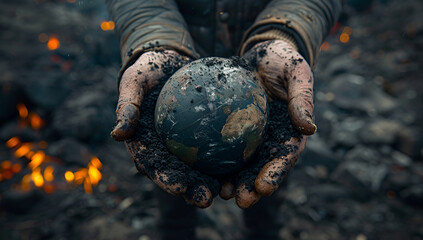 Dirty hand hold dirty globe earth with polluted environment. for Pollution activities concept.