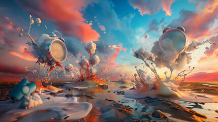 Obraz premium A surreal landscape, featuring melting clocks and distorted figures against a vibrant sunset backdrop. The dreamlike imagery evokes a sense of mystery and intrigue.
