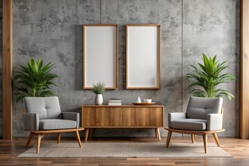 2 vertical frames mock up in mid century interior with chairs concrete background