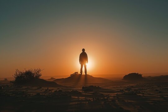 Silhouette of a man standing in the middle of the desert