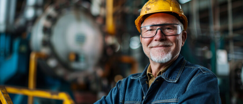 Experienced Caucasian male engineer exudes joy and professionalism in workplace
