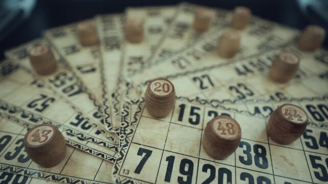 Crane pull upwards shot of a Bingo desk lottery game, vintage cards with numbers, wooden chips, super slow motion 120 fps, studio lights
