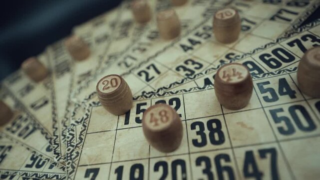 Crane fpv shot of a Bingo desk lottery game, vintage cards with numbers, wooden chips, super slow motion 120 fps, studio lights