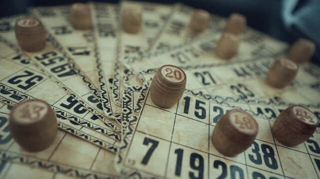 Crane shot of a Bingo desk lottery game, vintage cards with numbers, wooden chips, super slow motion 120 fps, studio lights