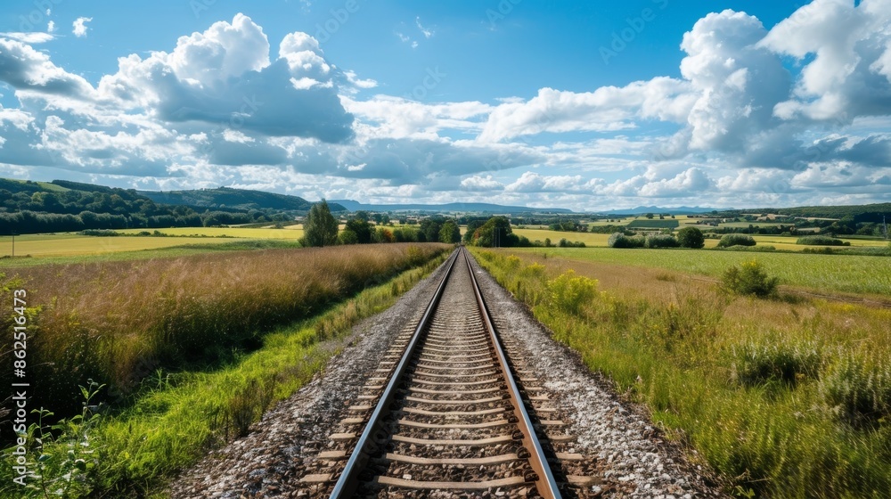 Wall mural The train tracks disappear into the horizon leading to even more beautiful views of the countryside.