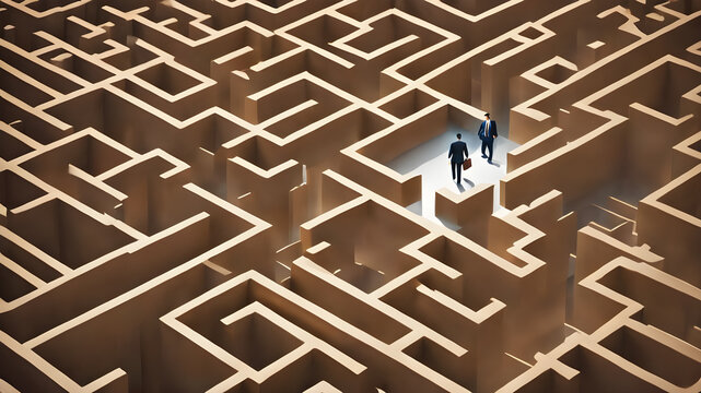 Businessman in labirynth about to make a decision concept. Young businessman and maze. AI generated image, ai