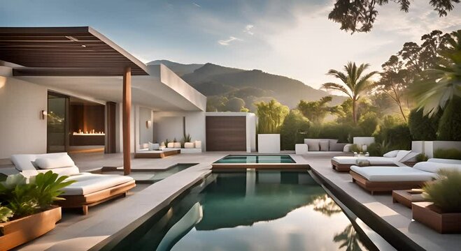 Modern minimalist Spa room with tranquil swimming pool