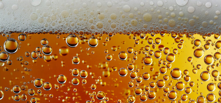 Primer plano de la capa superior de cerveza con burbujas y espuma sobre fondo blanco: Vista plana de alta resoluci&oacute;n y muy detallada del l&iacute;quido amarillo dorado, perfecta como tel&oacute;n de fondo o textura